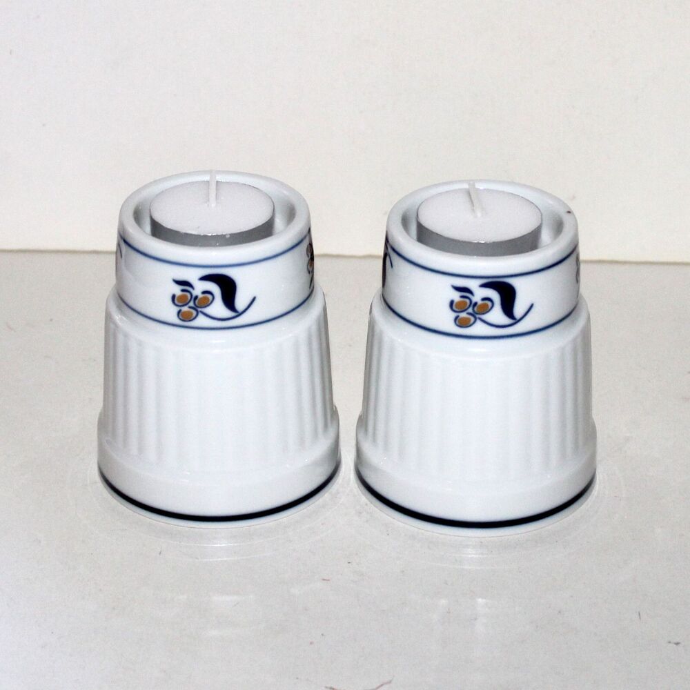 Vintage Dansk DAN14 Pair Candle Holder Hurricane lamp white blue ceramic scandi